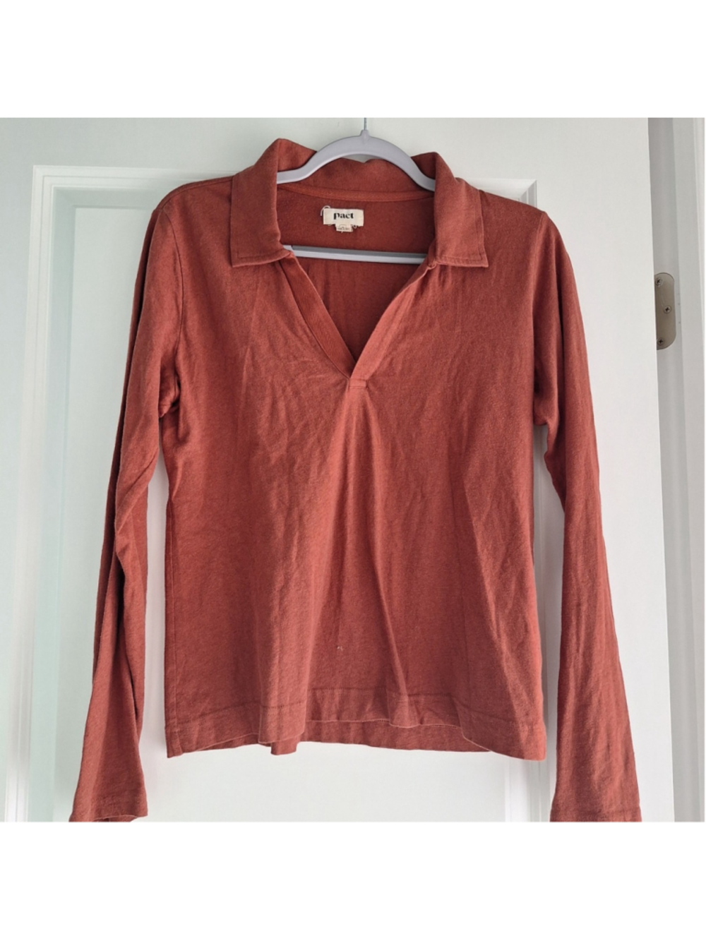 Pact Womens M Organic Cotton Linen Jersey Polo Shirt Top FALL Rust Brown Medium